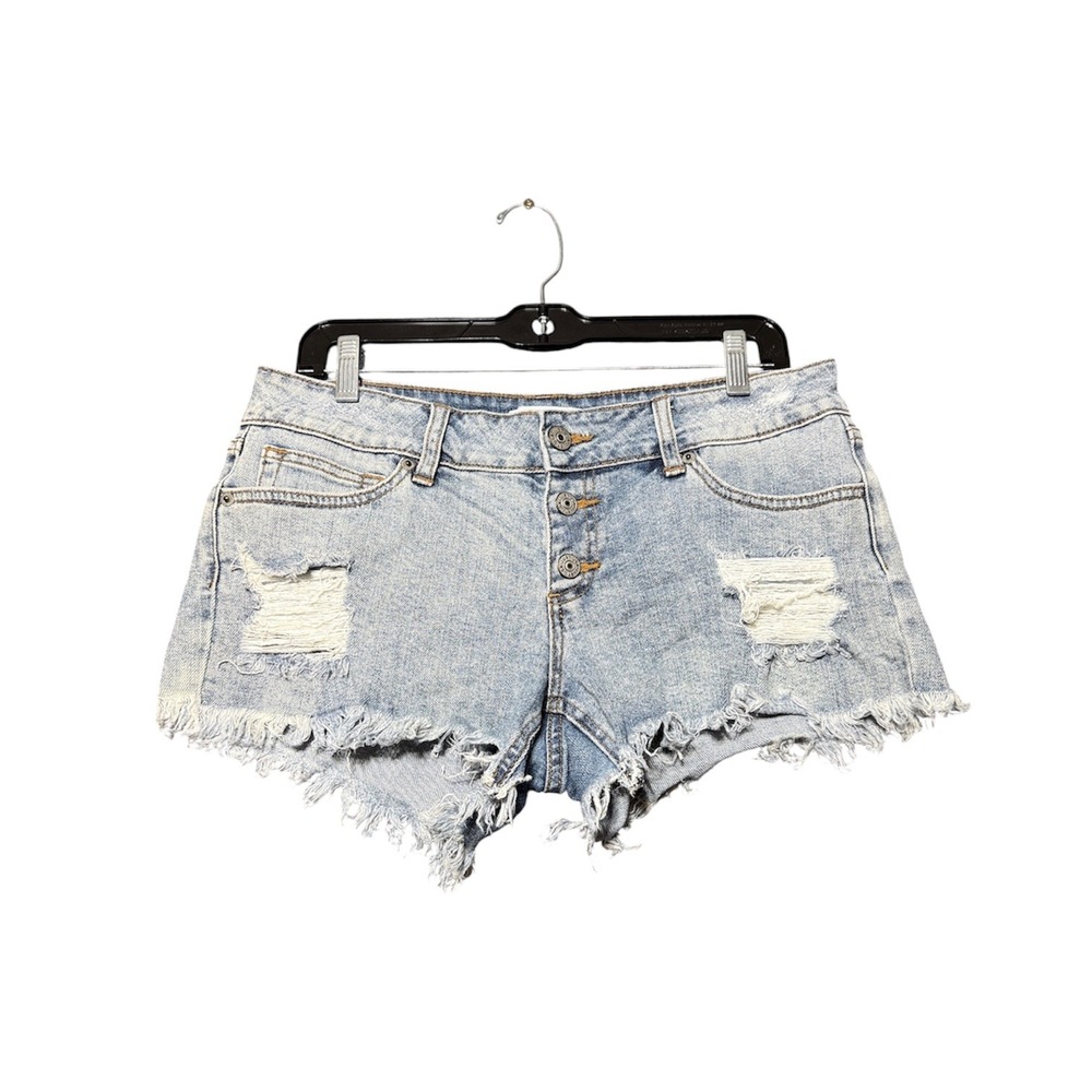 JUSTUSA Jean Shorts Womens Large Light Blue Distressed Button Fly Frayed Hem